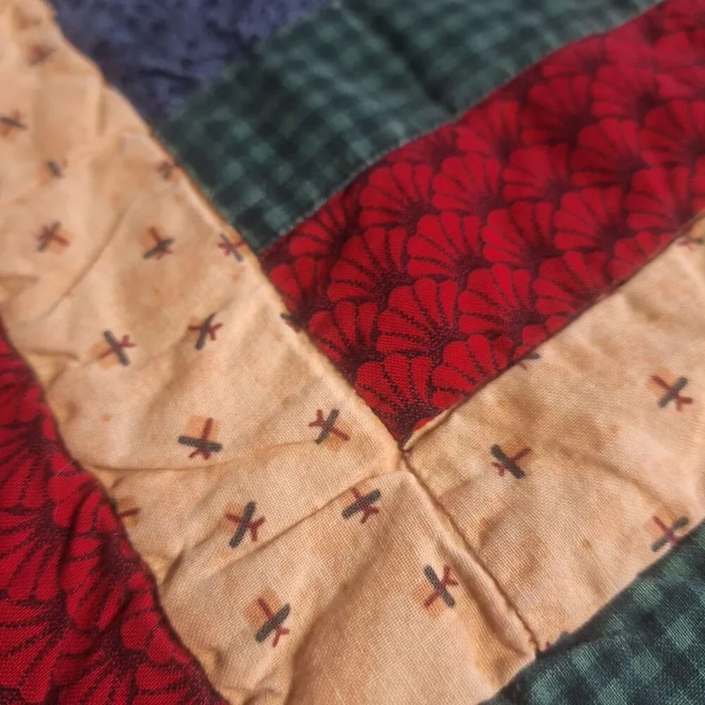 Handmade Quilted Patchwork Rail Fence Baby Blanket Red Blue Crib Throw 31 X 35